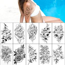 10 Sheets Big Black Rose Peony Flower Girls Temporary Tattoos For Women Waterproof Tattoo Stickers 3D Blossom Lady Shoulder Tatoos Leaf Sexy Arm Body Chains Pattern.