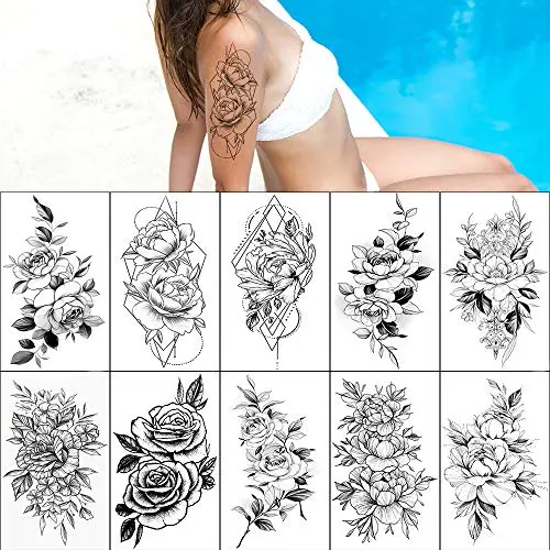 10 Blatt Große Schwarze Rose Pfropfen Temporäre Tattoos für Damen, Wasserfest, 3D Blüten Muster, Lady Schulter Tatoos, Arm Körper Ketten.