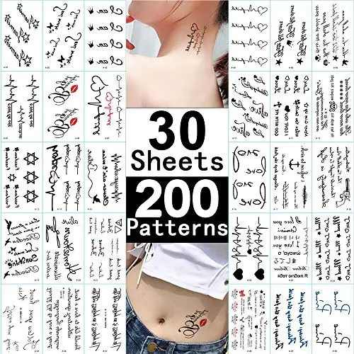 Kleine Wort Vorübergehende Tattoos, 30 Blätter Fälsche Schwarze Tattoosticker für Damen Herren Kinder Jungen Mädchen Erwachsene Kleine Temporäre Tattoopapier für Körperkunst Hand Gesicht Arm Nacken Dekorationen DIY Schönheit Mode Designs
