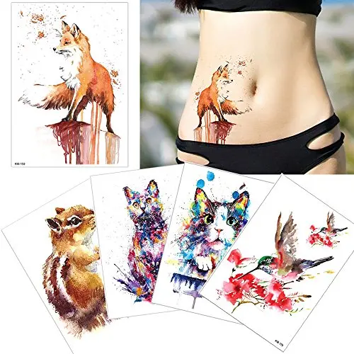 5 Blätter Aquarell-Zeichnung Tier Körper Tattoo Temporäre Bein Rücken Kunst Aufkleber DIY
