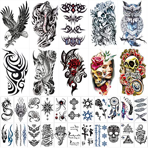 Étiquettes temporaires à décoller et à appliquer, 42 feuilles (incluant 10 feuilles de grands motifs), faux tatouages corporels pour hommes et femmes.