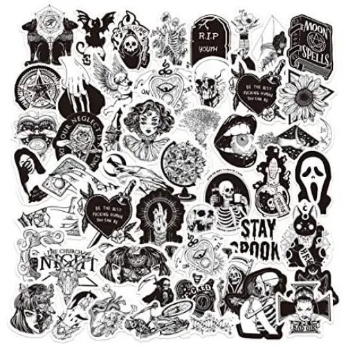 Gothische Aufkleber für Hydro Flask | 50 STÜCKE | Wasserfeste Vinyl-Aufkleber für Laptop, Skateboard, Wasserflaschen, Computer, Handy, Punk-Aufkleber, Cool Stickers, Horror, Schwarz-Weiß-Aufkleber (Goth-50-5)