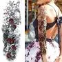11 Blatt NEZAR Große Wein-Pflaumenblume Rose Vollarm Temporäre Tattoos für Frauen Realistische Schädel Skelett Fake Temporäre Tattoo Ärmel Aufkleber Wasserdicht Körper Make-up Blütenblatt Tatoos Papier Auge