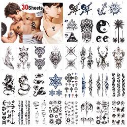 Konsait Temporary Tattoos for Adult Men Women Kids(30 Sheets), Waterproof Temporary Tattoo Fake Tattoos Body Art Sticker Hand Neck Wrist Cover Up Set, Dragon Anchor Scorpion Wolf Graphic Elk