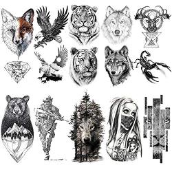 VANTATY 10 Sheets Realistic Tiger Temporary Tattoos Animals For Men Body Armband Soldier Fake Tatoo Stickers For Women Scorpion Wolf Deer Elk Eagle Bear Dot Adults Forearm Tattoos Girls Kids Teens.