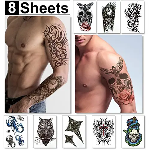 Temporäre Tattoos für Männer, Jungen & Teenager – Fake Tattoo Sticker Aufkleber (8 Große Blätter) Tattoos für Jungen, Biker Tattoos, Rocker Transfers für Arme, Schultern, Brust & Rücken – Körperkunst Tattoo Sticker, wasserdicht schwarz