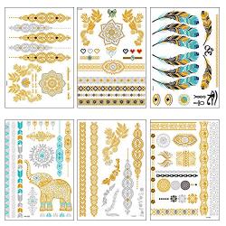 Metallic Temporary Tattoos for Women Teens Girls 6 Sheets Gold Silver Flash Designs Temporary Tattoos - Color Flash Fake Waterproof Tattoo Stickers