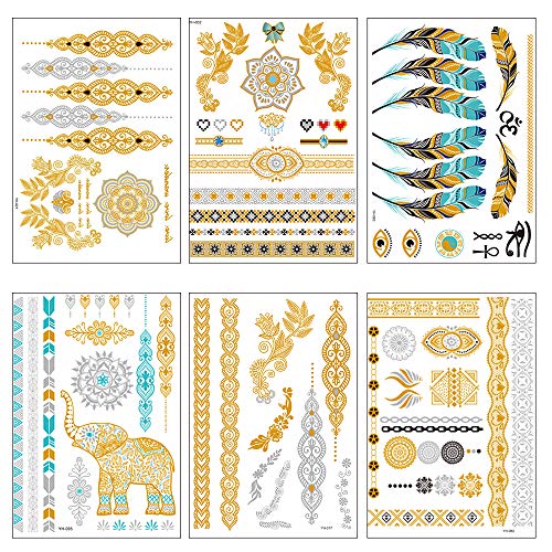 Metallic Temporary Tattoos for Women Teens Girls 6 Sheets Gold Silver Flash Designs Temporary Tattoos - Color Flash Fake Waterproof Tattoo Stickers