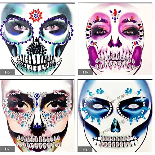4 Pack Face Gems Jewels, Halloween Temporary Rhinestone Stickers, Day of The Dead Skull Face Tattoos, Crystals Body Gems Stick on Face for Carnival Festival, Party, Outfit, Performance (B) 4 Pack Face Gems Jewels, Halloween Temporary Rhinestone Stickers, Day of The Dead Skull Face Tattoos, Crystals Body Gems Stick on Face for Carnival Festival, Party, Outfit, Performance (B)