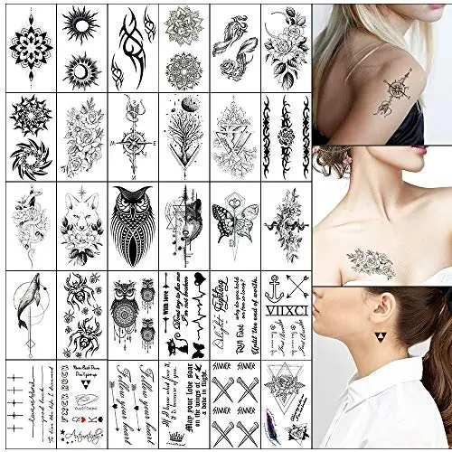 Temporäre Tattoos Schwarz Falstatuos Wörter Blumen Baum Eule Körper Hand Hals Handgelenk Kunst Mode Tattoos Löschbar Wasserdicht 30 Blätter (Farbe 4)