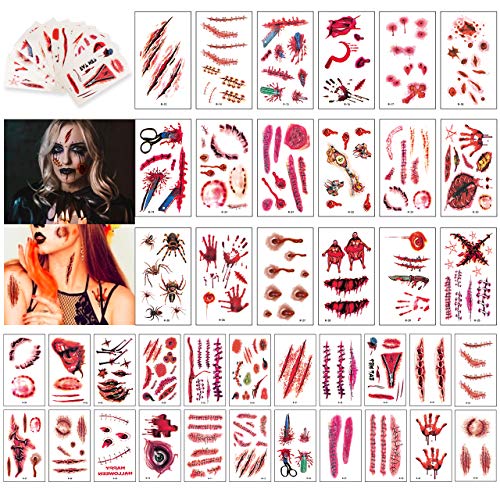 Halloween Scar Temporary Tattoos, 240 Pcs Realistic Fake Bloody Wound Makeup Sticker Kit for Zombies Cosplay Party, Waterproof and Skin-Safe, 40 Sheets