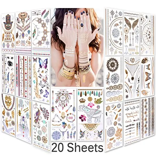 Metallische temporäre Tattoos, 20 Blätter, Gold & Silber, Lady Up – Körperkunst, Glitzernde temporäre Tattoos.