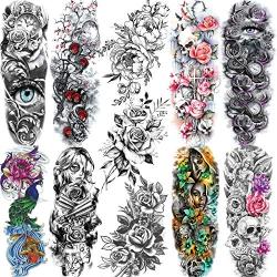 11 Sheets NEZAR Large Vine Peony Flower Rose Full Arm Temporary Tattoos For Women Realistic Skull Skeleton Fake Temporary Tattoo Sleeves Stickers Waterproof Leg Makeup Floral Blossom Tatoos Paper Eye