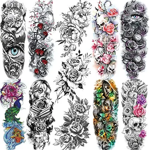 11 Blatt NEZAR Große Wein-Pflaumenblume Rose Vollarm Temporäre Tattoos für Frauen Realistische Schädel Skelett Fake Temporäre Tattoo Ärmel Aufkleber Wasserdicht Körper Make-up Blütenblatt Tatoos Papier Auge
