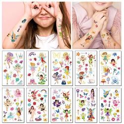 Yarlilyan 100+ Fairy Glitter Tattoos for Girls, Children Birthday Party Favor Temporary Tattoo Sticker, Magic Fantasy Butterfly Flower Pink Fake Waterproof tattoo on kids Body Hand Arm Face 10 Sheets