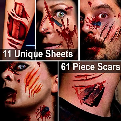 Maquillage Zombie, Maquillage d'Halloween, 11 Feuilles Uniques, Sang Faux, Tatouage Faux, Tatouages Faux pour Halloween, Maquillage Vénus Faux, Profitez de votre Kit de Maquillage Zombie, 11 Feuilles, 61 Photos, Cicatrices Faux