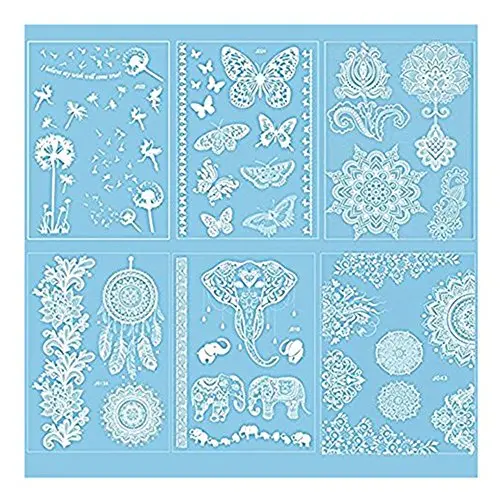 Pinkiou Henna Tattoosticker mit Spitze Mehendi, temporäre Henna-Tattoos für freigeistige Mädchen und Teenager, Metallic-Tattoos, Pack mit 6 (weiß)
