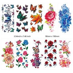 42 Sheets Flowers Temporary Tattoos Stickers, Roses, Butterflies and Multi-Colored Mixed Style Body Art Temporary Tattoos for Women, Girls or Kids