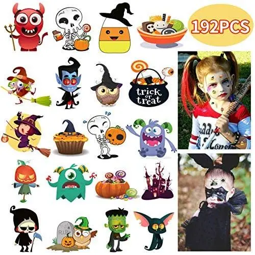 Tattoos Fantaisie d'Halloween, 192 Tattoos Temporaires avec 32 Tattoos Glow in the Dark pour Enfants, Tattoos Fantômes Monstres Squelettes pour Enfants