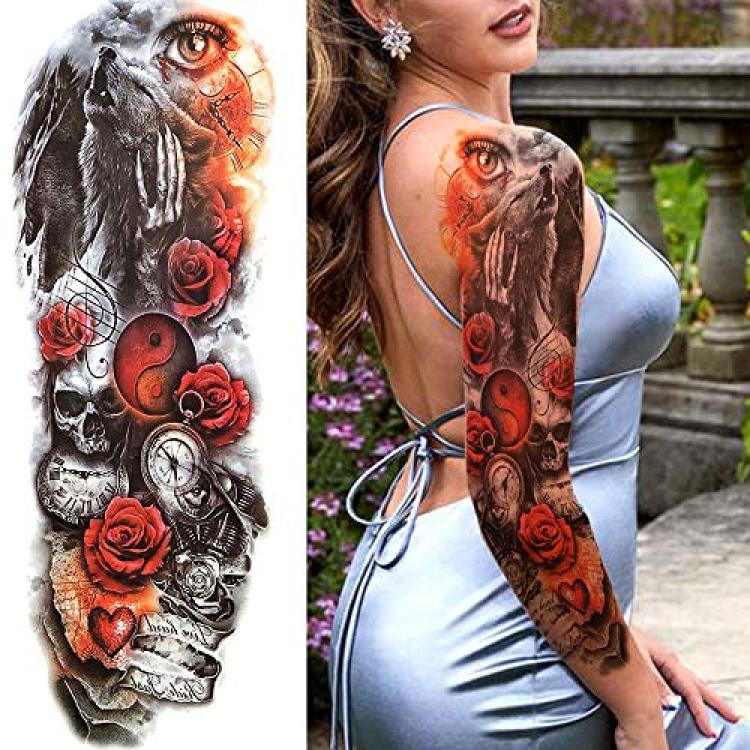 Large Arm Sleeve Tattoo Lion Wolf Waterproof Temporary Sticker Totem Women  Men