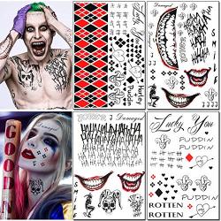 4 Sheets Temporary Tattoos Stickers Suicide Squad Harley Quinn Joker Tattoo Halloween Cosplay Face Waist Leg Tats Halloween Costume Accessories