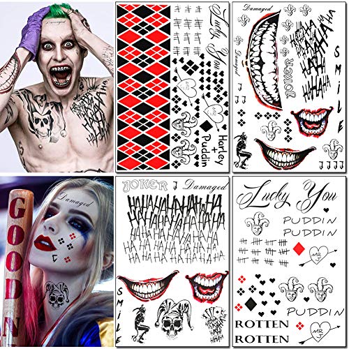 4 Sheets Temporary Tattoos Stickers Suicide Squad Harley Quinn Joker Tattoo Halloween Cosplay Face Waist Leg Tats Halloween Costume Accessories