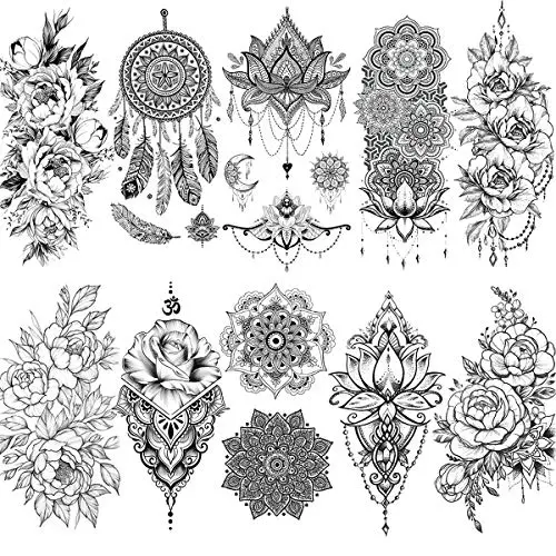 Wunderschöne indische Henna-Tätowierungen, 10 Blatt, temporär für Damen, Mandala-Blumen, Traumfänger-Tätowiersticker für Mädchen, Körperkunst, Armzeichnungen, Spitze, Fake-Juwelen-Tätowieranhänger.
