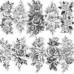 VANTATY 10 Sheets 3D Big Rose Peony Flower Girls Temporary Tattoos For Women Waterproof Black Tattoo Stickers 3D Blossom Lady Shoulder Tatoos Leaf DIY Costom Sexy Arm Chains Pattern.