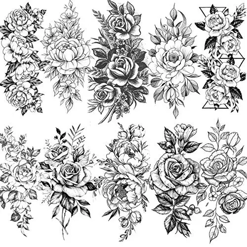 10 Blatt VANTATY 3D Große Rose Peonie Blumen Temporäre Tattoos für Frauen Wasserdicht Schwarze Tattoo Aufkleber 3D Blüten Dame Schulter Tatoos Blatt DIY Custom Sexy Arm Ketten Muster.