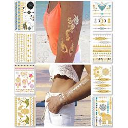 Metallic Temporary Tattoos for Women Teens Girls - 8 Sheets Gold Silver Temporary Tattoos Glitter Shimmer Designs Jewelry Tattoos - 100+ Color Flash Fake Waterproof Tattoo Stickers (Aruba)