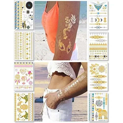Metallische Temporäre Tattoos für Frauen Mädchen Teenager - 8 Blätter Gold Silber Glitzer Shimmer Designs Schmucktattoos – 100+ Farbflash Fälsche Wasserfeste Tattooaufkleber (Aruba)