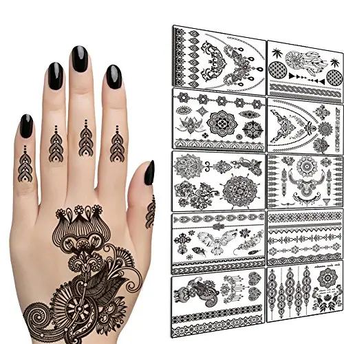 TAFLY Spitze Schwarze Ketten Tattoos, Wasserfest, Körper Henna Transfer Tattoos Aufkleber für Damen & Mädchen – 150 Designs, Armbänder, Halsketten, Stammzeichen, Flügel etc. 10 Blätter