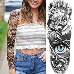 11 Sheets NEZAR Large Vine Peony Flower Rose Full Arm Temporary Tattoos For Women Realistic Skull Skeleton Fake Temporary Tattoo Sleeves Stickers Waterproof Leg Makeup Floral Blossom Tatoos Paper Eye