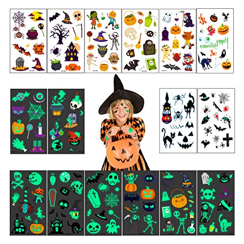 Halloween Tattoos für Kinder, 160 Stück Halloween Temporäre Tattoos inklusive 70 Leuchtenden Nacht- oder Dunklen Halloween Geist Monster Kürbis Tattoos