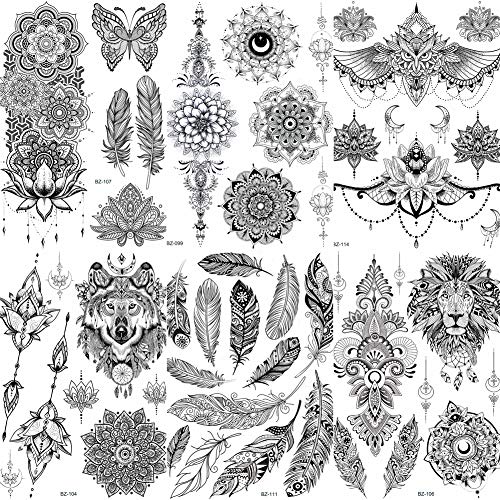 COKTAK 6 Pieces/Lot Unique Black Henna Temporary Tattoo Stickers For Adults Women Girls Feather Mandala Flower Body Art Large Big Arm Tattoos Sheet Lace Indian Mehndi Sexy Wedding Tatoos OWL