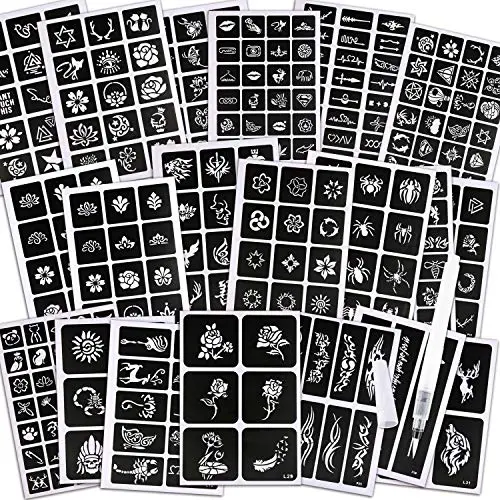 Konsait 291pcs Temporary Tattoos Stencils, 20 Sheets Girls and Boys Glitter Tattoo Kit Templates Face Paint Stencils Body Art Stencil Pack for Adults Man Women Kids Teenager