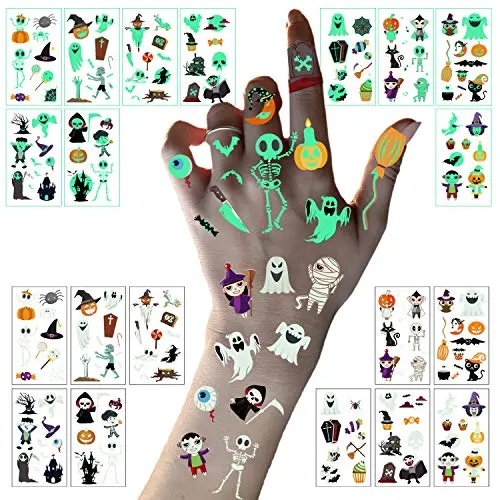Autocollants Tattoos Luminescents MoinsMo, 10 Feuilles, pour Enfants, Squelettes, Citrouilles, Cartoons, Étanches, pour la Fête d'Halloween, Déguisements, Trick or Treat, Cadeau pour Enfants