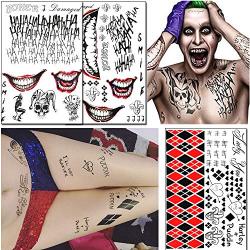 4 Sheets Temporary Tattoos Stickers Suicide Squad Harley Quinn Joker Tattoo Halloween Cosplay Face Waist Leg Tats Halloween Costume Accessories