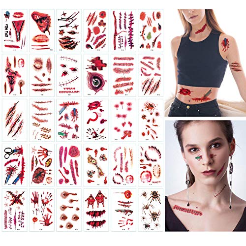 Halloween Zombie Scars Tattoos with Fake Scar Bloody Costume Makeup Halloween Decoration Terror Wound Scary Blood Injury Sticker (30 Sheets)