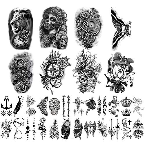 Yazhiji 32 Blatt Temporäre Tattoos, 8 Blatt Fake Körper Arm Brust Schulter Tattoos für Männer Frauen mit 24 Blatt Kleine Schwarze Temporäre Tattoos
