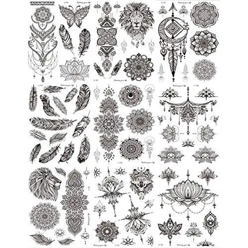 Temporäre Tattoos Aufkleber, Ztent 9 Blätter Mandala Blume Körperkunst Aufkleber, Wasserfest Henna Schwarz Körpertattoos für Erwachsene Frauen Mädchen Körperkunst Armaufkleber