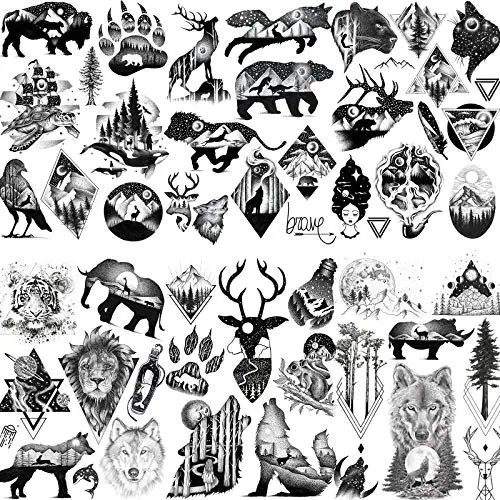 6 Sheets FANRUI Small Black Animals Temporary Tattoos For Women Kids Men Cute Geometric Mountain Forest Custom Lion Moon Star Fake Tattoo Sticker Waterproof Arm Children Tiny Hands Face Temp Tatoo Paw