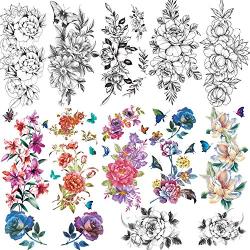 12 Sheets Large Flowers Temporary Tattoos for Women, Waterproof Fake Tattoos Rose Peony Body Art Arm Tattoo Stickers for Women, Girls