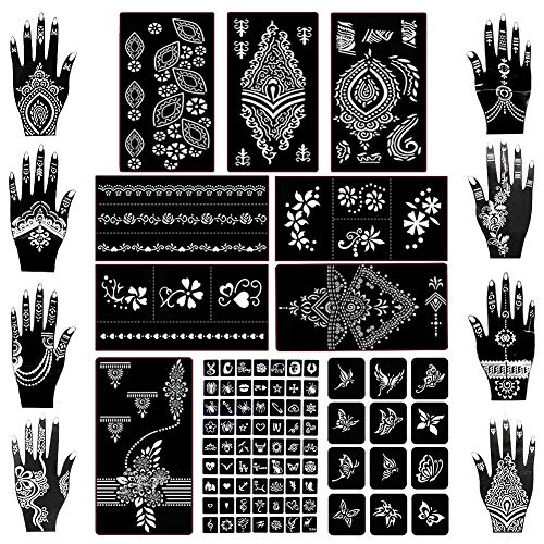 Koogel 18 Sheets Henna Tattoo Stencil Kit, 97 Pcs Temporary Glitter Airbrush Tattoo Stencils Arabian Tattoo Stickers for Face Paint Body Art