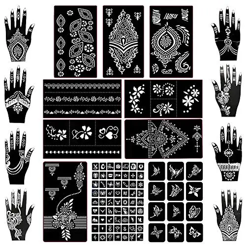Koogel 18 Sheets Henna Tattoo Stencil Kit, 97 Pcs Temporary Glitter Airbrush Tattoo Stencils Arabian Tattoo Stickers for Face Paint Body Art