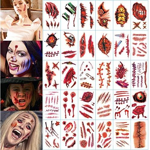 Halloween Temporary Tattoos Stickers, Scary Face Stickers, Waterproof Scar Tattoos, Suitable for Halloween Temporary Scars Tattoos Stickers Zombie Party Supplies Fake Injury Wound (30 PACK)