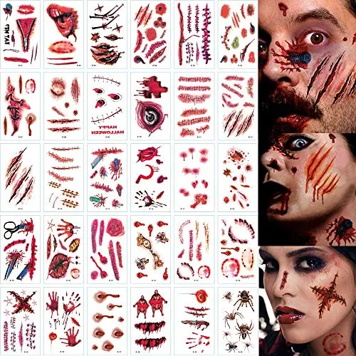 Halloween-Narben-Temporäre Tattoos, Realistische Fake-Gesichtswunden mit Blut, Zombie-Vampir-Biss, Spinnen-Narben, blutige Tattoo-Aufkleber für Erwachsene und Kinder, Großpackung, 3D Wasserdicht, Halloween-Themen-Make-up-Requisite.