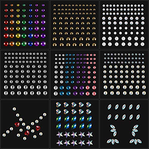 9 Sheets Eye Body Face Gems Rhinestone Stickers Self Adhesive Rhinestones Rainbow Face Gems for Women Festival Accessory and Nail Art Decorations (Tiny Bead)