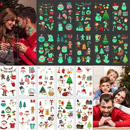LessMo Weihnachts Glühen temporäre Tattoos, 10 Blätter Xmas Luminous Tattoo Aufkleber für Kinder Erwachsene, Niedlich, Cartoon, für Weihnachtsgeschenke, Weihnachtsfeier-Party-Geschenke