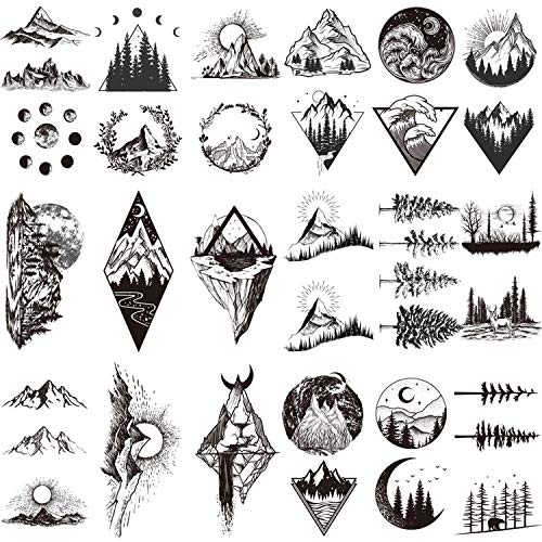 22 Sheets Mountain Temporary Tattoos Stickers, Including Fake Tattoos Waterproof Fake Black Geometry Sun Star Moon Tree Triangle Sea Wave Tattoos, Semi Permanent Tattoos for Adult and Kids